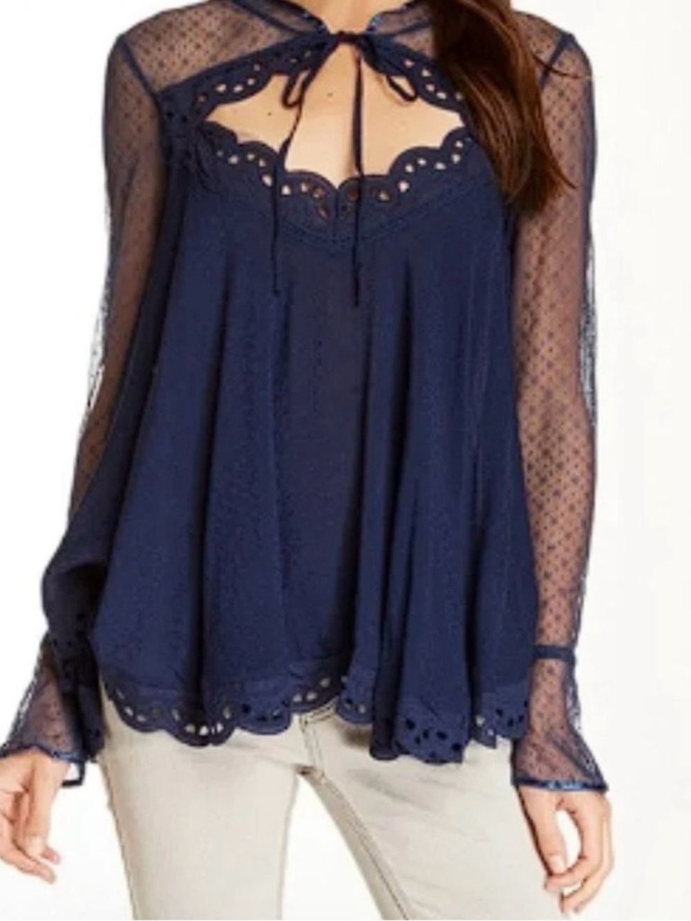 Free People Navy Eyelet & Sheer Dot Long-Sleeve Blouse